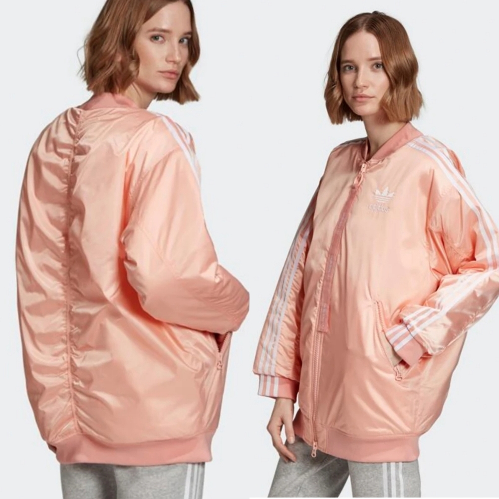 NWT Adidas original pink long ruched sleeves trefoil oversized bomber jacket